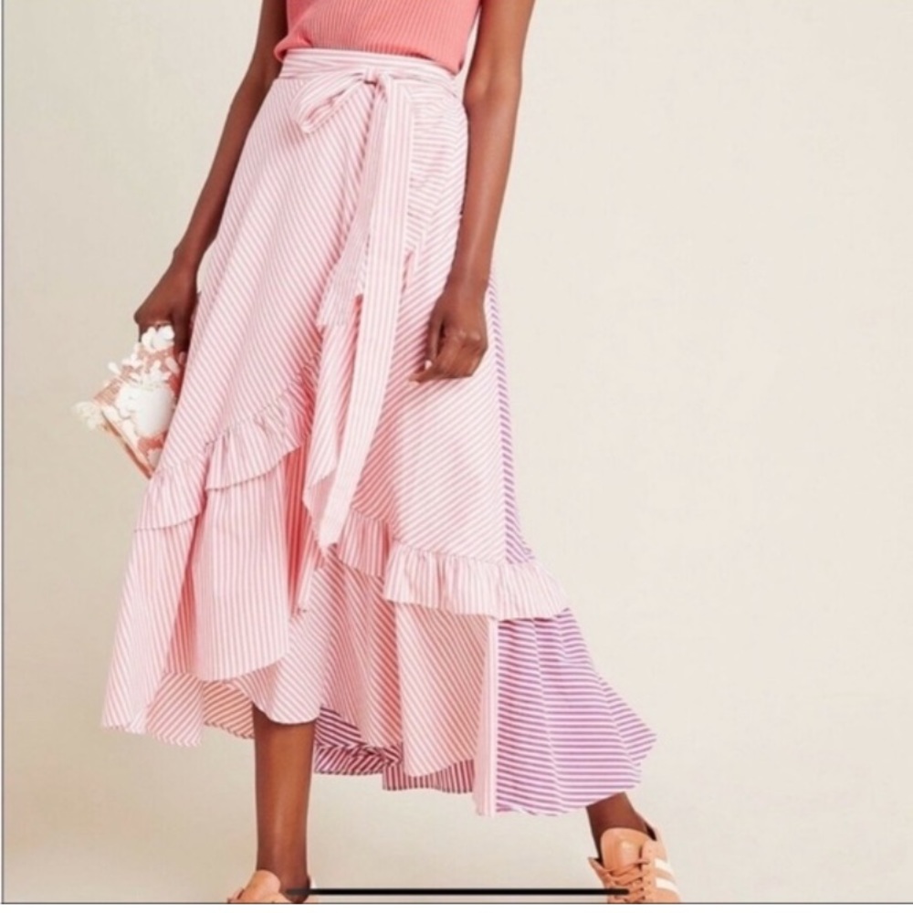 Anthropologie Maeve striped ruffle faux wrap maxi skirt size M